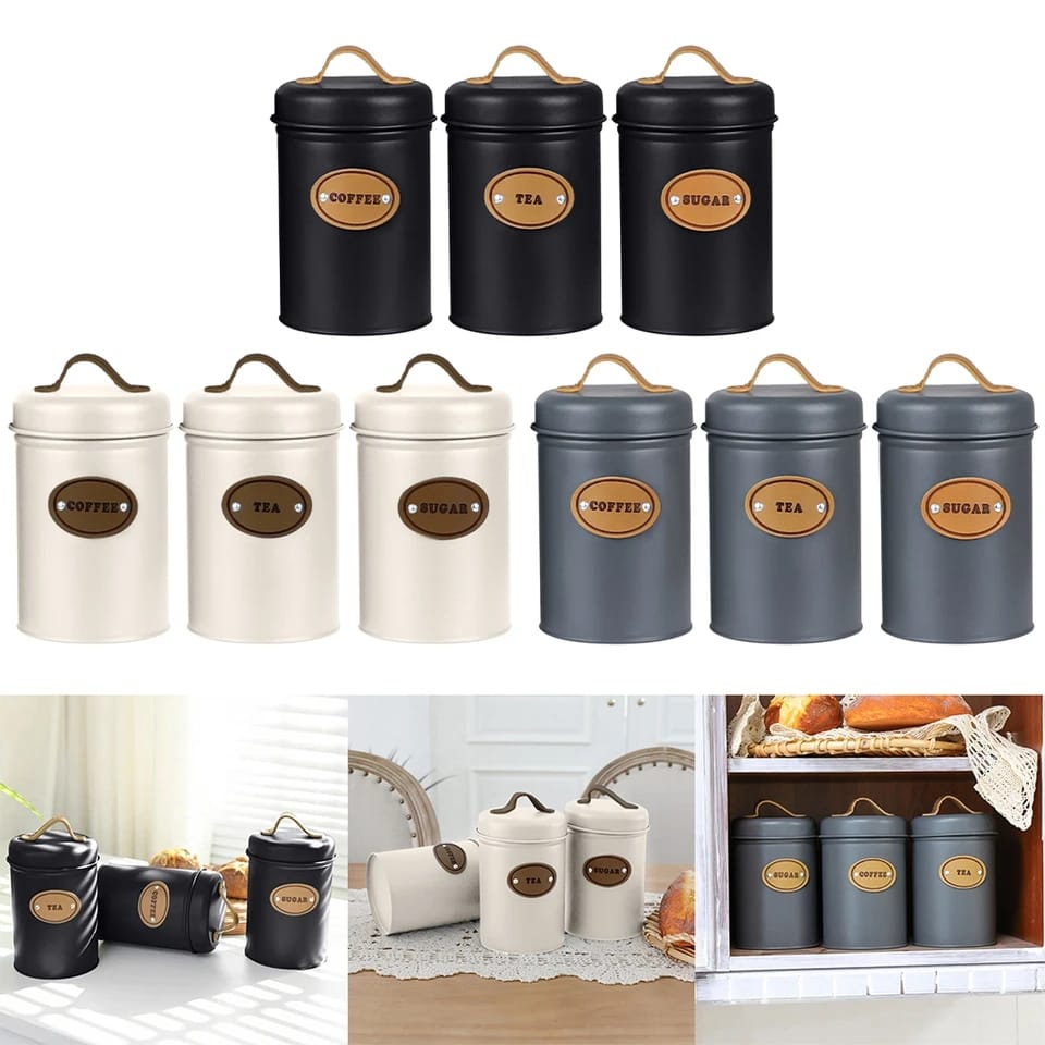 High Quality Galvanized Iron 3-Piece Alloy Canister Set with Leather Accents | Kitchen Storage Organizer| Multiple Colors