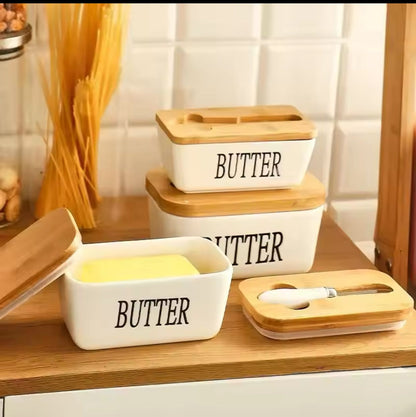 850gms  High-quality Ceramic Butter Dish with Bamboo Lid| Multicolor | Multiuse Preservation Box Ceramic Butter Dish| Kitchen, Dining