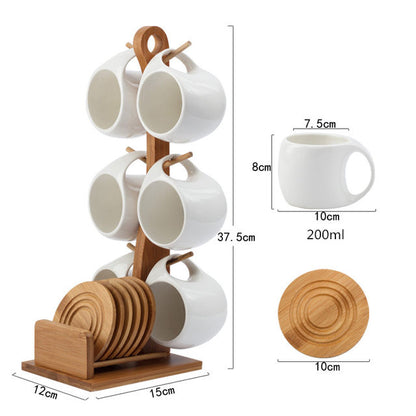 Fashion Ceramic Cups Set – 6 x 200ml with Wooden Bamboo Stand and Coasters