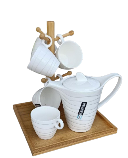 White Tea Set with Bamboo Stand | Kettle 1100ml | Cup Capacity 270cc | Perfect For Tea Time At Home Or In An Office Setting