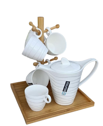 White Tea Set with Bamboo Stand | Kettle 1100ml | Cup Capacity 270cc | Perfect For Tea Time At Home Or In An Office Setting