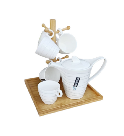 White Tea Set with Bamboo Stand | Kettle 1100ml | Cup Capacity 270cc | Perfect For Tea Time At Home Or In An Office Setting