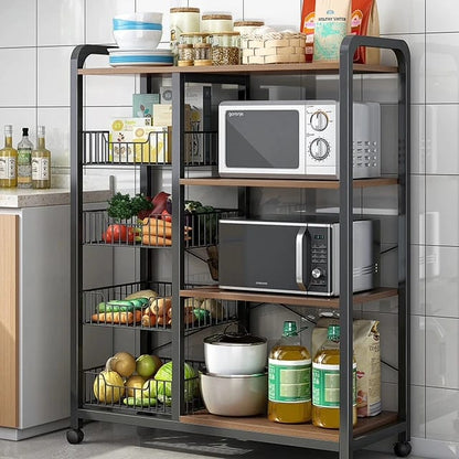 Multifunctional Strong Metallic Kitchen Rack with Movable & Lockable Wheels | 130x90x30cm (Black, White)