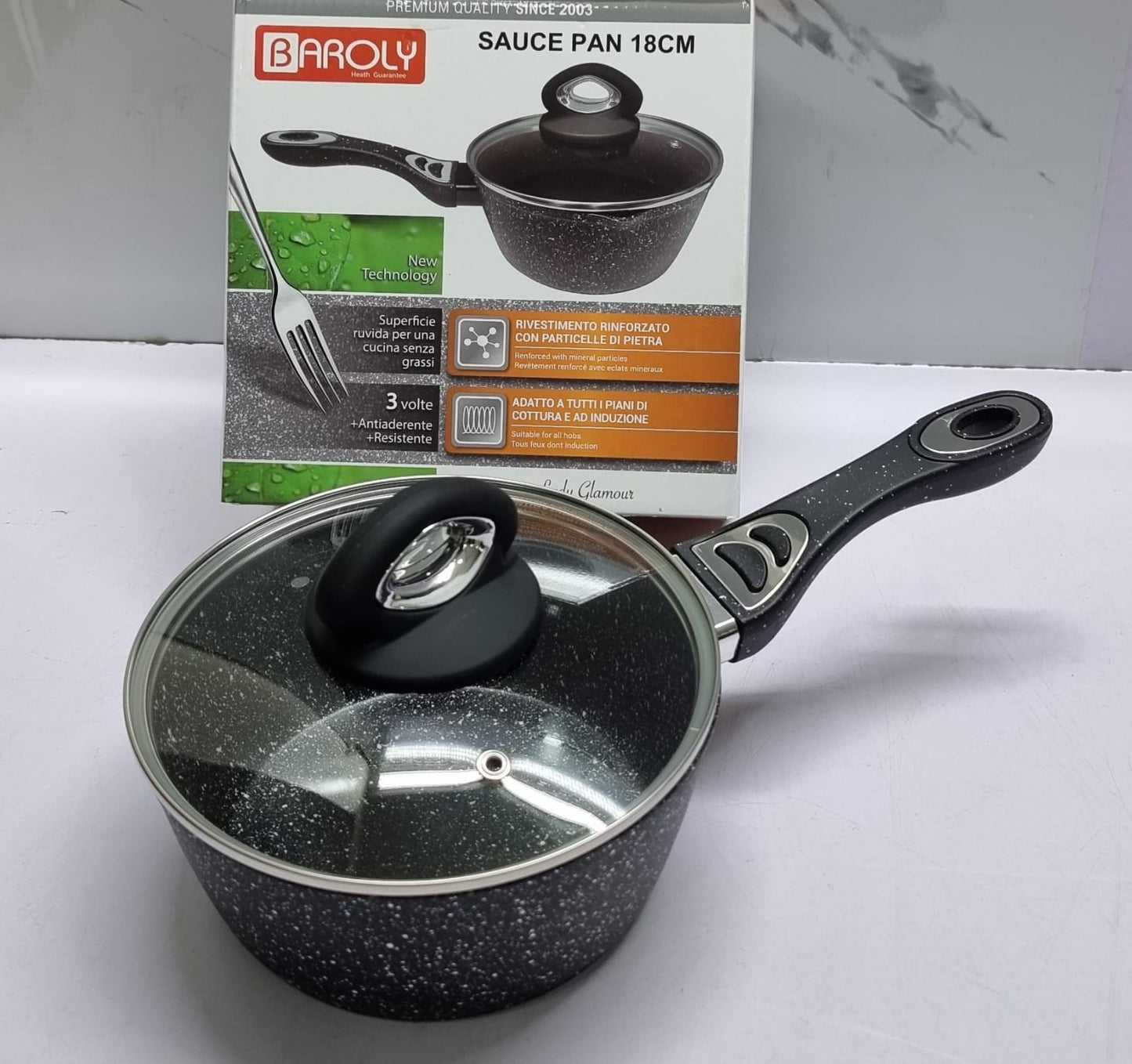 Baroly German Brand Granite Sauce Pan with Lid | Heavy-Duty Non Stick | 18cm Black Cookware