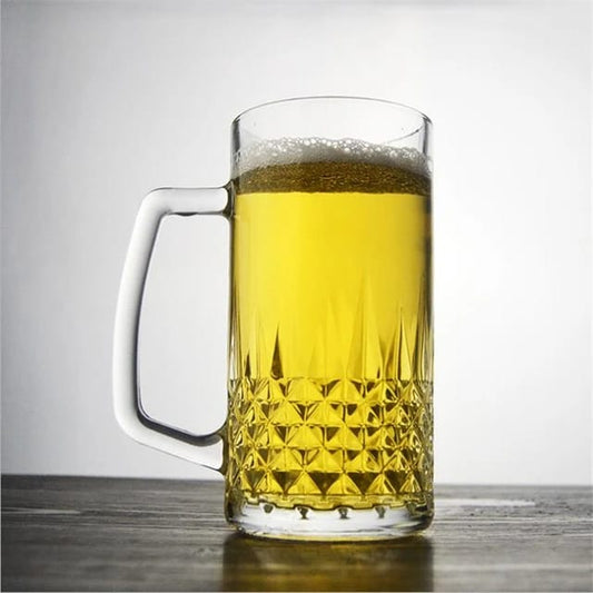 Thick Glass Dawa Beer Tumbler Mug with Crystal Base and Handle | 615ml Capacity, Set of 6