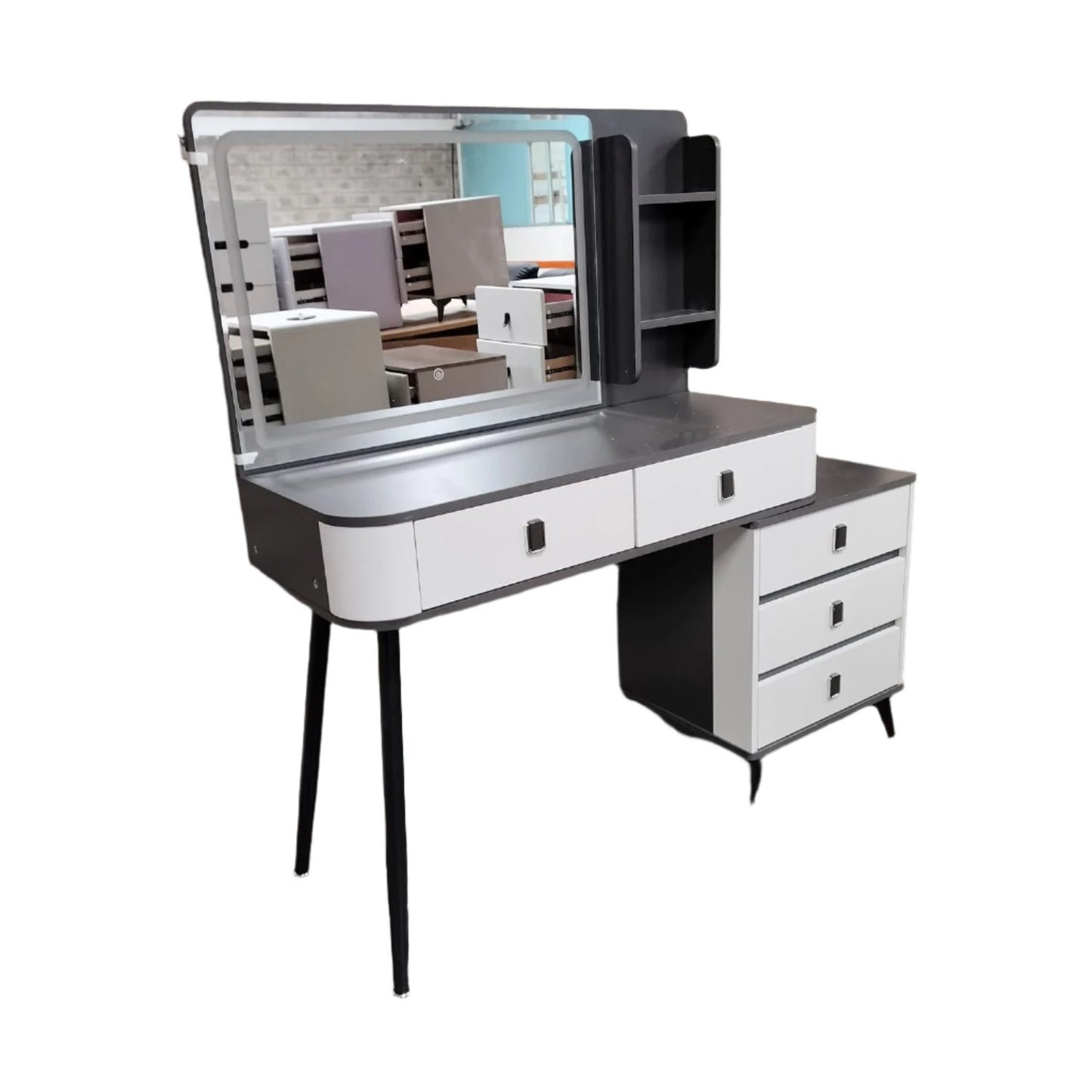 Modern Vanity Desk with LED Mirror | 100x40x145 cm, 4 Drawer Storage  |  White & Grey | Bedrooms,Dressing Rooms,  Studio Apartments, Beauty Salons