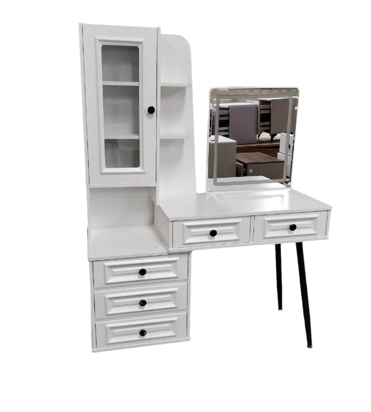 Vanity Dressing Table with Mirror and Storage Drawers | Elegant White Design with Glass Cabinet | 115cm (Width) x 43cm (Depth) x 160cm (Height)