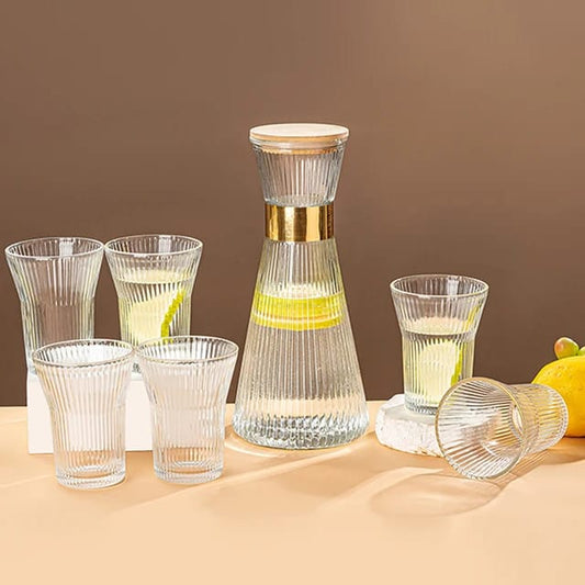 7 Piece Clear Borosilicate Ribbed Flute Shaped Carafe Glass Set |  1 Carafe & 6 Glasses