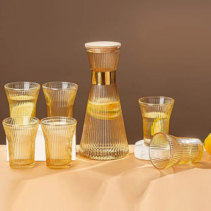 7 Piece Gold Borosilicate Ribbed Flute Shaped Carafe Glass Set | 1 Carafe & 6 Glasses