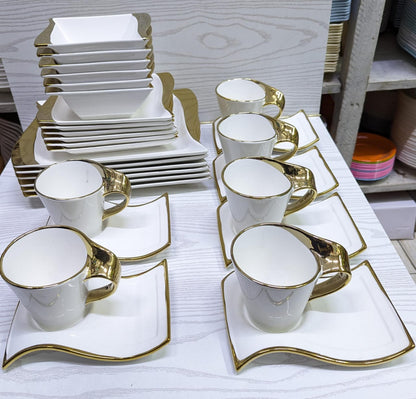 Elegant White 30 Piece Dinner Set with Gold Rim | Includes Plates, Side Plates, Bowls, Cups, and Saucers