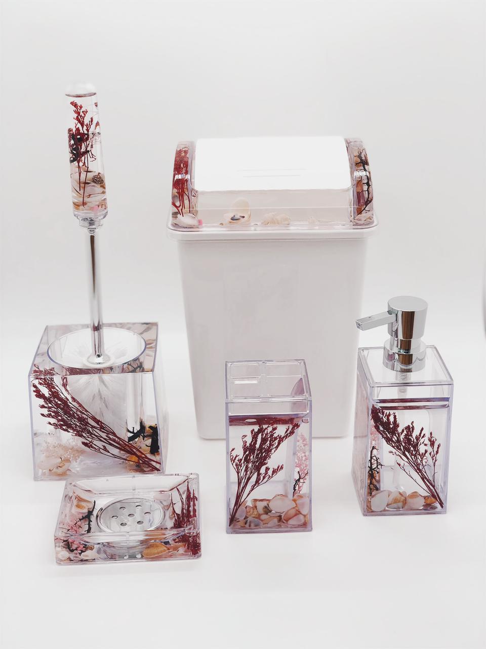 5pcs Water Shell Flower Bathroom Accessories Set | Acrylic Bathroom Set with Dustbin, Soap Dispenser, Soap Holder, and Brush Holder | Available in Gold, Red, Purple, Maroon, and Light Purple