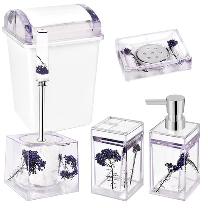 5pcs Water Shell Flower Bathroom Accessories Set | Acrylic Bathroom Set with Dustbin, Soap Dispenser, Soap Holder, and Brush Holder | Available in Gold, Red, Purple, Maroon, and Light Purple