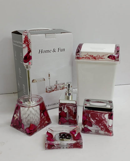 5pcs Water Shell Flower Bathroom Accessories Set | Acrylic Bathroom Set with Dustbin, Soap Dispenser, Soap Holder, and Brush Holder | Available in Gold, Red, Purple, Maroon, and Light Purple