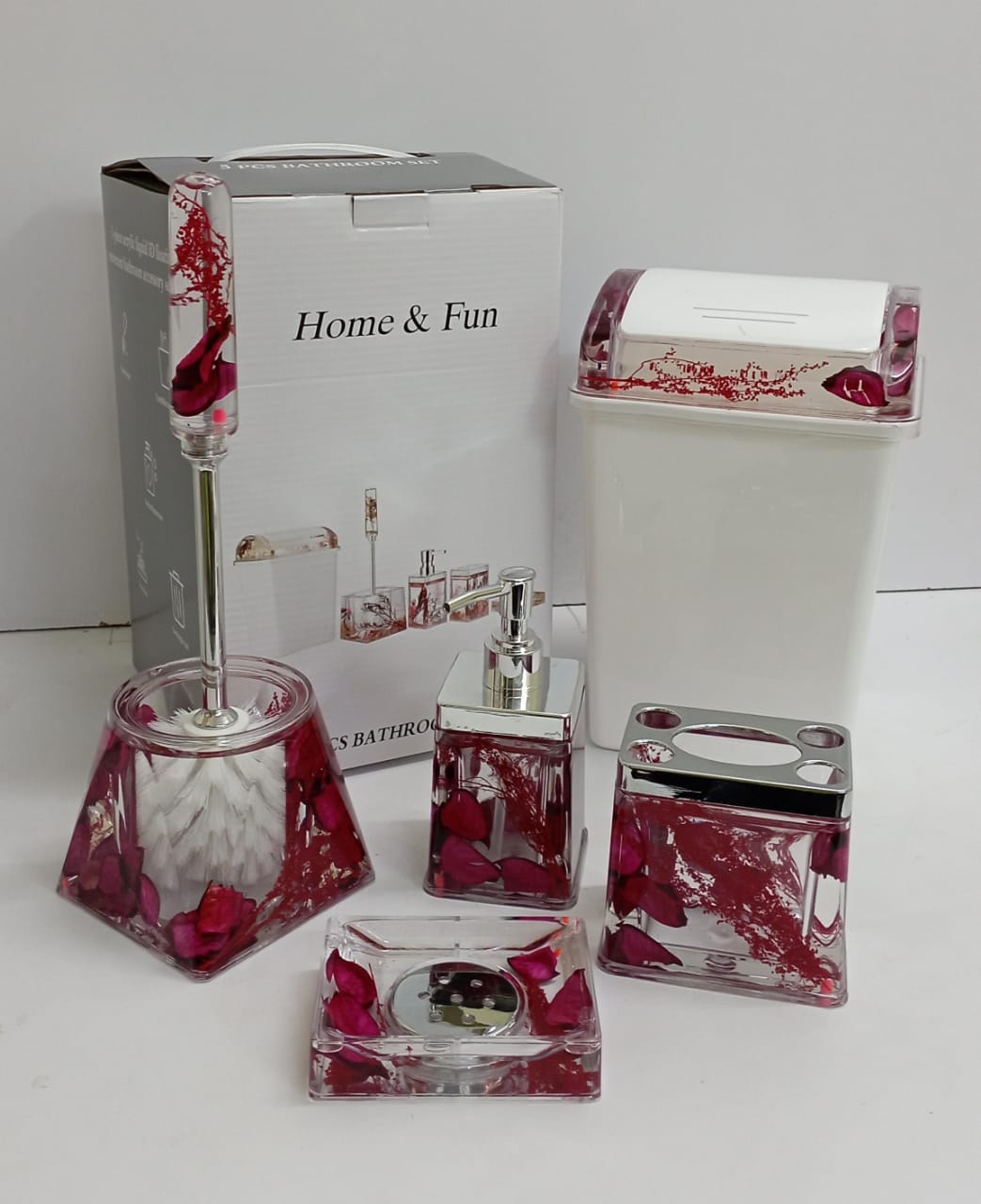 5pcs Water Shell Flower Bathroom Accessories Set | Acrylic Bathroom Set with Dustbin, Soap Dispenser, Soap Holder, and Brush Holder | Available in Gold, Red, Purple, Maroon, and Light Purple