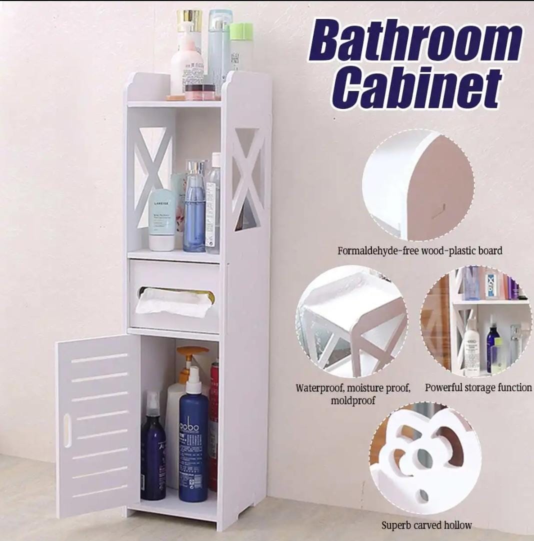 Floor Standing Storage Cabinet | Waterproof PVC | Bathroom & Toilet Rack | 80x20x18cm|Tissue Drawer|Bathroom Organization|Tissue Holder|Storage Shelves