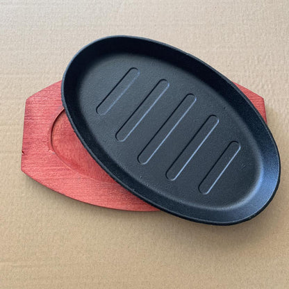 Cast Iron Hot Sizzling Plate on Wooden Tray | 25x16cm, Available in Round and Oval Shapes