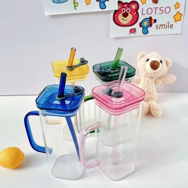 Square Glass with Colored Handle | Layer Drinking Glass Cups with Straw and Acrylic Lid | Perfect for Soda, Iced Coffee, Milk, Bubble Tea, Water