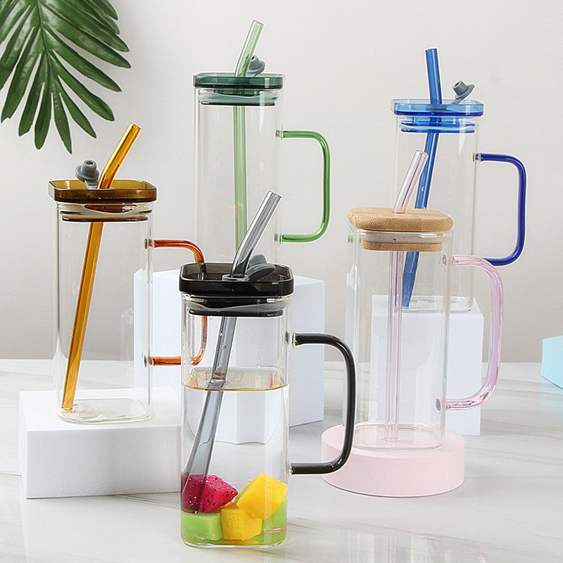 Square Glass with Colored Handle | Layer Drinking Glass Cups with Straw and Acrylic Lid | Perfect for Soda, Iced Coffee, Milk, Bubble Tea, Water