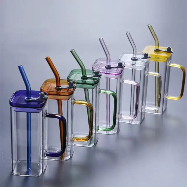 Square Glass with Colored Handle | Layer Drinking Glass Cups with Straw and Acrylic Lid | Perfect for Soda, Iced Coffee, Milk, Bubble Tea, Water