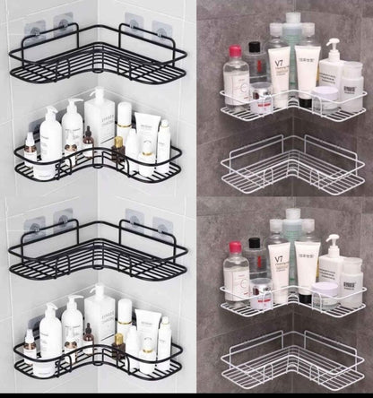 Metallic Corner Triangular Bathroom/Kitchen Organizer | Space Saving Storage with Double Hook Adhesive Stickers | Available in White & Black