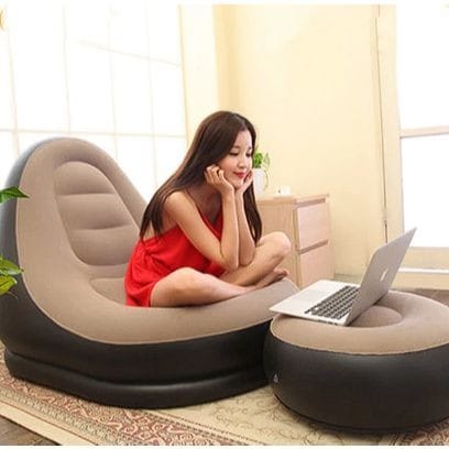 New Design Colorful Inflatable Lazy Sofa with Footrest | Outdoor Flocked Inflatable Chair & Ottoman Set with Pump | Portable Office Leisure Nap Sofa