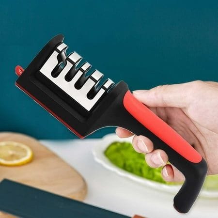 3 Slots Knife Sharpener | Coarse, Fine & Honing Sharpening | Durable Construction | Easy to Use Kitchen Tool | Manual Kitchen Knife Sharpener | User Friendly Sharpener with Anti-Skid Base & Multiple Grinding Positions