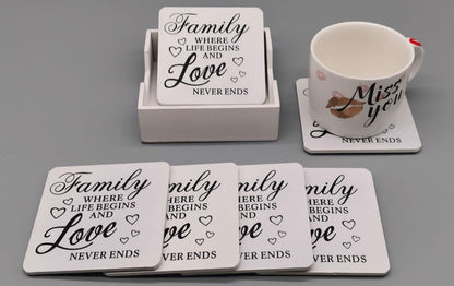 Family Write Up Wooden Cup Coaster Set | 6pcs with Stand | Black & White Dining Room Decor