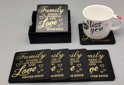 Family Write Up Wooden Cup Coaster Set | 6pcs with Stand | Black & White Dining Room Decor