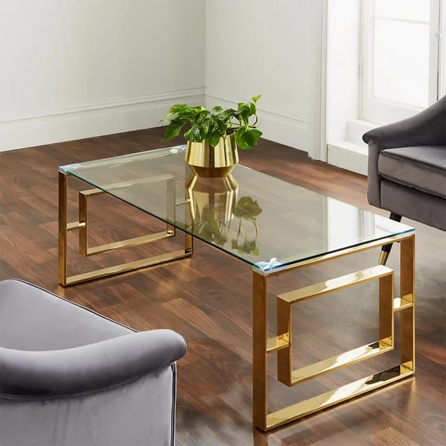 Central Glass Coffee Table | Minimalist Design with Polished Gold Stainless Steel Stands & Tempered Glass Top