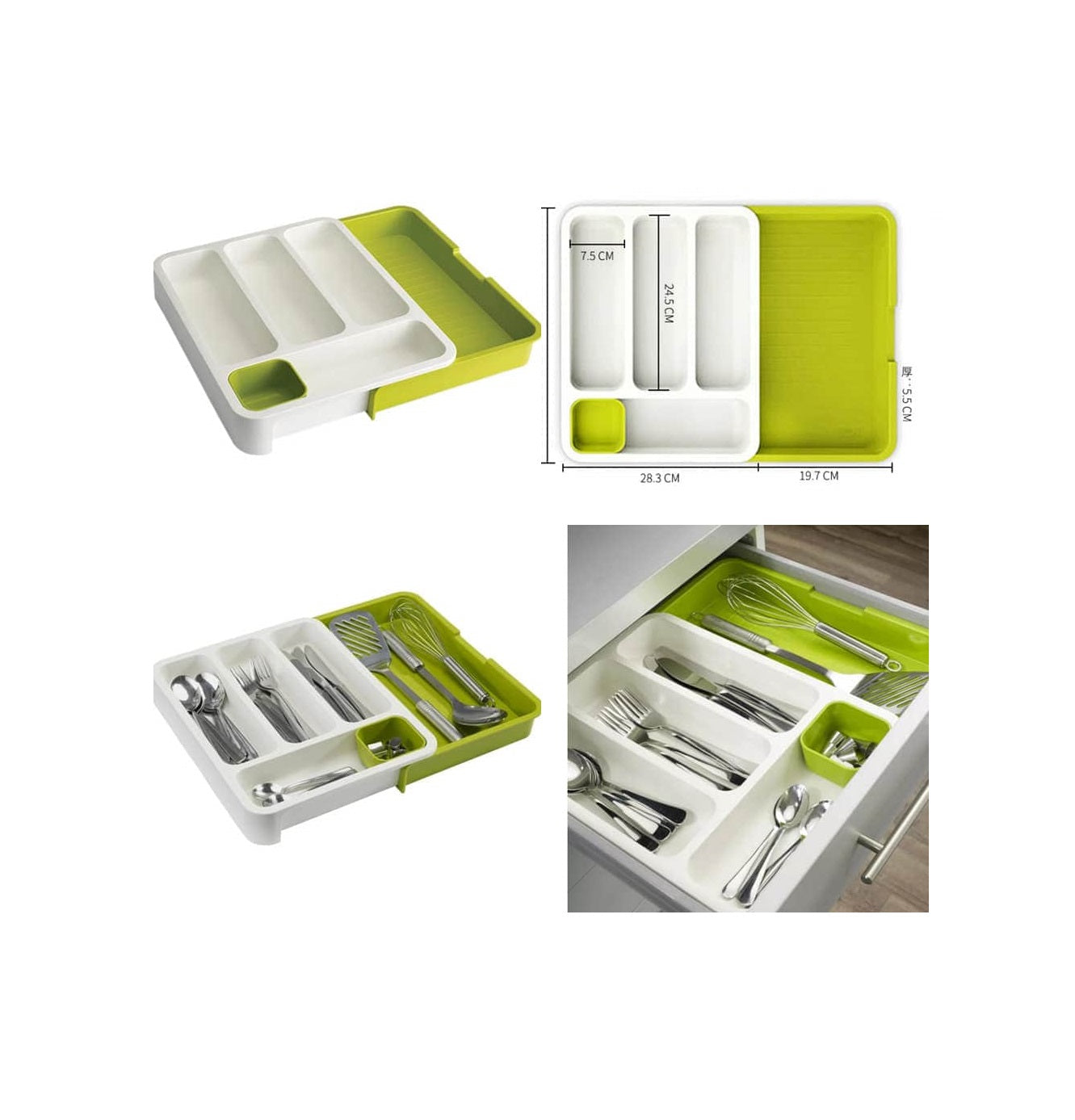 Drawer Store | Organizer Expandable Cutlery Tray Green & White