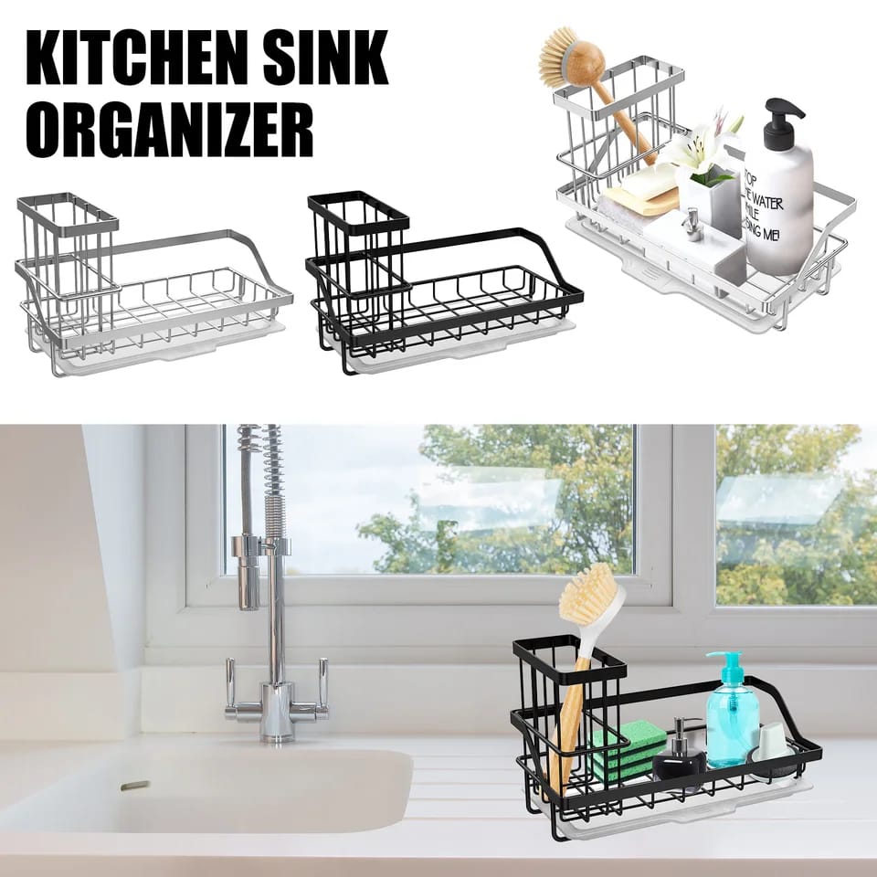 Stainless Steel Kitchen Sink Drain Rack Multi Functional Faucet Holder & Sponge Shelf, Black