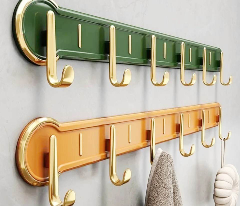 Wall Mounted Hanging Rack with 6 Hooks | No Punch Adhesive Hook for Kitchen & Bathroom Storage