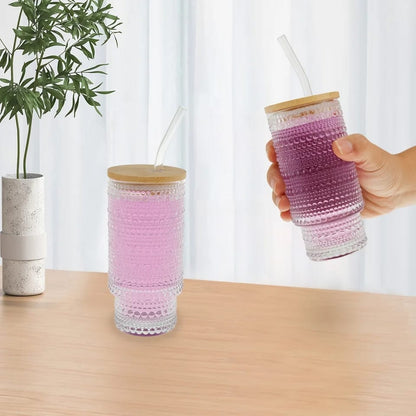 Embossed Vintage Glass Cup with Bamboo Lid, Straw, and Cleaning Brush | 320ml Capacity