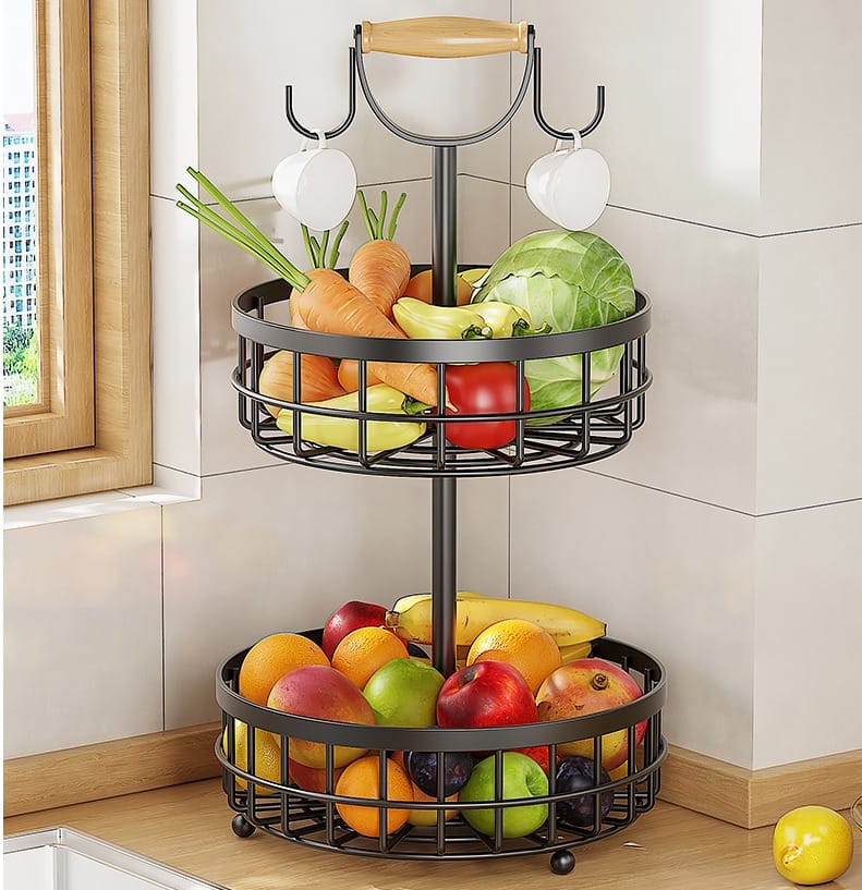 2 Tier Detachable Nordic Fruit & Vegetable Rack with Dual Banana Holder | Carbon Steel & Wood Handle