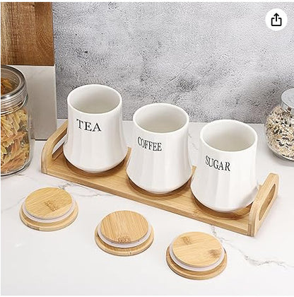 3pc White Ceramic Tea, Coffee, Sugar Canister Set with Bamboo Lids & Tray | 500ml Food Grade Storage Canisters