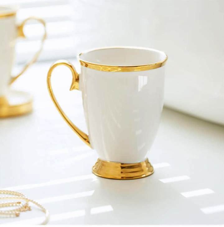 Shapely Coloured Ceramic Cup with Gold Ring | 400ml Elegant Ceramic Mug in White | 6 pc Set