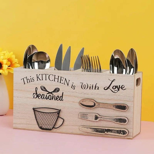 Wooden Kitchen Utensils Holder  Durable Solid Wood Cutlery Organizer for Countertop Storage