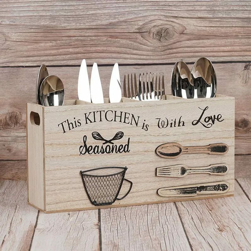 Wooden Kitchen Utensils Holder  Durable Solid Wood Cutlery Organizer for Countertop Storage