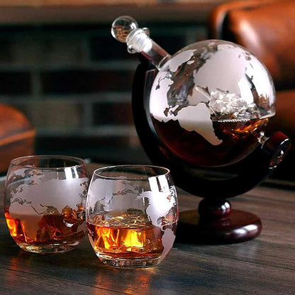 Globe Whiskey Decanter Set | 800ml Decanter with 2 Globe Glasses, Wooden Stand & Glass Stopper | Decorative & Functional