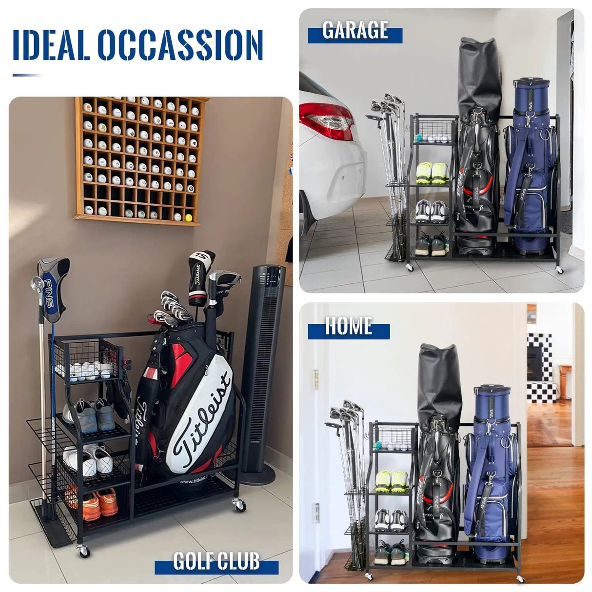 Golf Bag & Equipment Storage Organizer Rack | Black Steel, 95.5x40.6x93.6cm