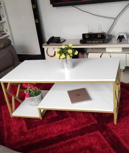 Zippy Elegant Coffee Table | White MDF Tabletop with Golden Legs, 120x60x45cm