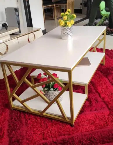 Zippy Elegant Coffee Table | White MDF Tabletop with Golden Legs, 120x60x45cm