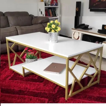 Zippy Elegant Coffee Table | White MDF Tabletop with Golden Legs, 120x60x45cm