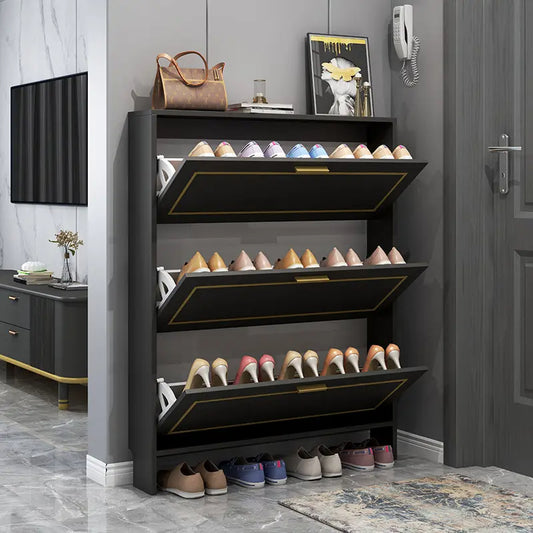 Modern 3 Tier Black Bucket Flip Shoe Cabinet | Large Capacity Tipping Shoe Storage for Entryway & Hallway | Nordic Style Wooden Shoe Rack