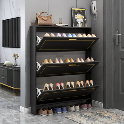 Modern 3 Tier Black Bucket Flip Shoe Cabinet | Large Capacity Tipping Shoe Storage for Entryway & Hallway | Nordic Style Wooden Shoe Rack