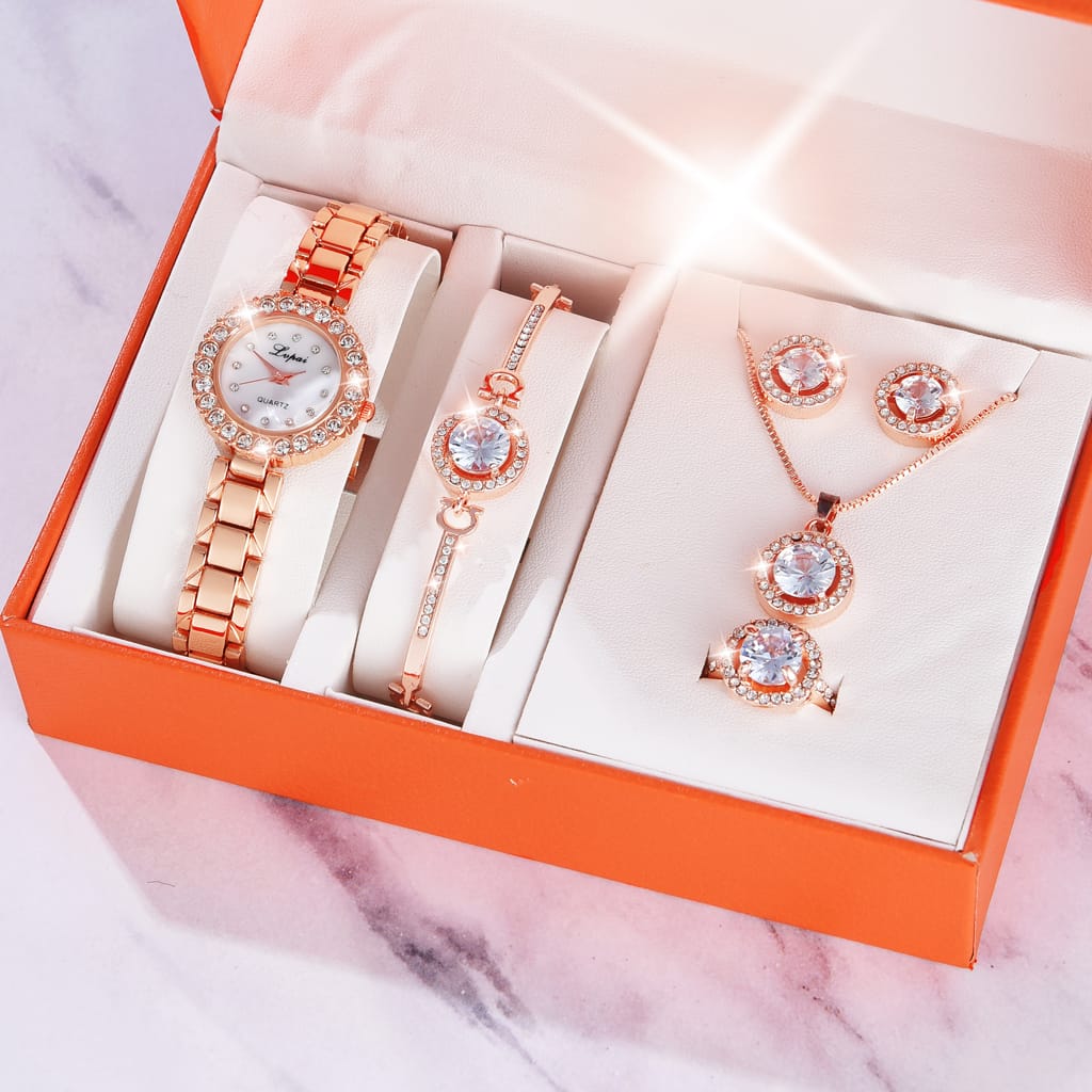 Diamond Luxury Jewelry Set | Elegant Watch, Bracelet, Earring, Necklace & Ring