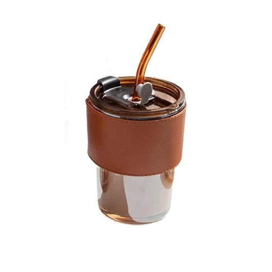 450ml Glass Tumbler/Cup with Straw and Leather Protective Sleeve