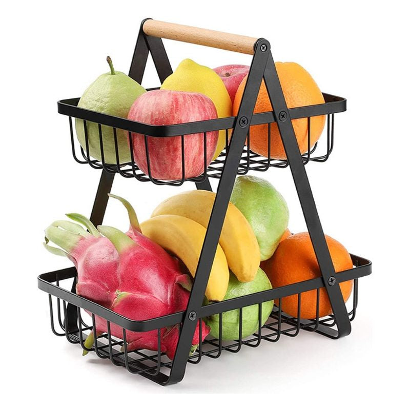 2 Tier Fruit Rack  Black Metal Storage Basket for Kitchen & Countertop Organization