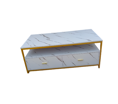 Marble Effect Wooden TV Stand | White TV Cabinet with 2 Drawers (120cm x 60cm)