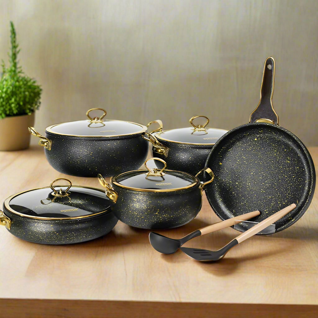 Furaha Finds high quality heavy elegant 11pcs Donnor granite serving and cooking pots black gold durable non stick and stylish for home and professional kitchens